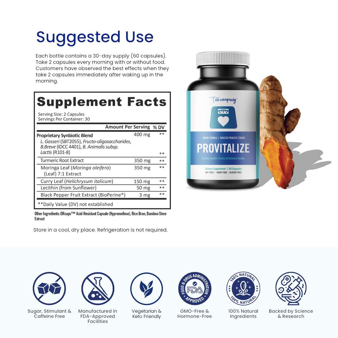BB Company Provitalize | Probiotics for Women Digestive Health, Menopause, Joint Support | Sexy Midsection Curves, Bloat | Turmeric Curcumin Moringa | Gluten-Free & Shelf-Stable | Ages 40+ | 60 Ct